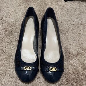 Cole Haan Navy Textured wedge pump with Gold Emblem